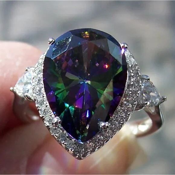 925 Sterling Silver Simulated Mystic Rainbow Topaz CZ Pear Cut Halo Ring - Picture 8 of 16